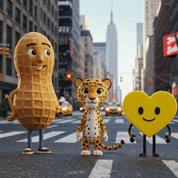 a peanut a leopard and a heart with arms and legs stand on a city street