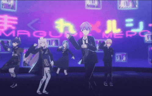a group of anime characters are dancing in front of a neon sign that says magnum me pc