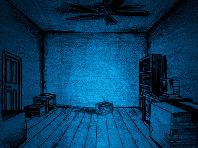a drawing of a room with a ceiling fan and boxes on the floor
