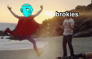 a man standing on a beach next to a cartoon character with the word brokies on it