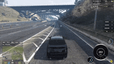 a computer screen shows a car driving down a highway and the speed is 283 km / h