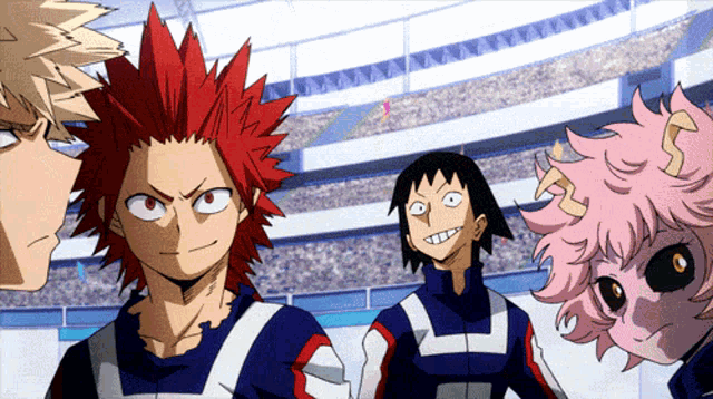 a group of anime characters are standing next to each other and one of them has a letter s on her head