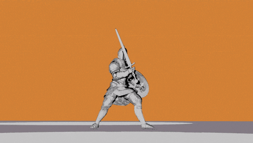 a statue of a knight with a sword and shield on an orange background