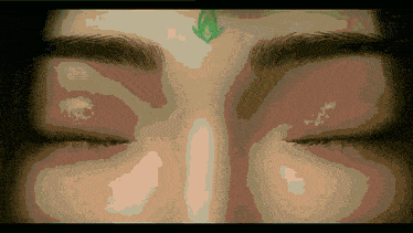a close up of a person 's face with their eyes closed and a green leaf on their forehead