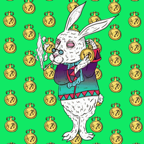 a rabbit is smoking a cigarette with a pattern of 4:20 clocks behind it