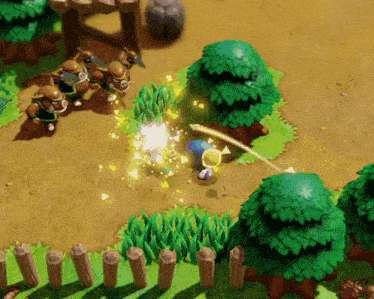 an aerial view of a video game scene with trees and a fence