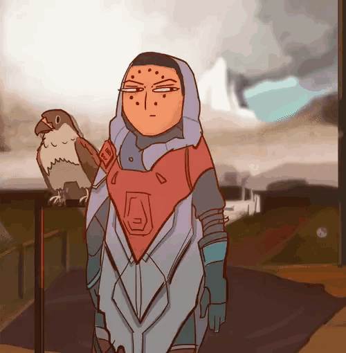 a cartoon drawing of a person holding a bird on their shoulder