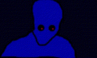 a pixel art of a blue alien with red eyes in the dark .