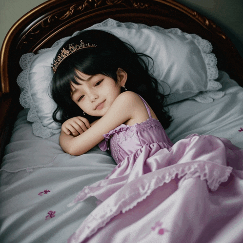 a little girl in a purple dress is sleeping on a bed with a white pillow