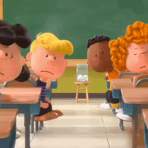 a group of peanuts characters are sitting in a classroom