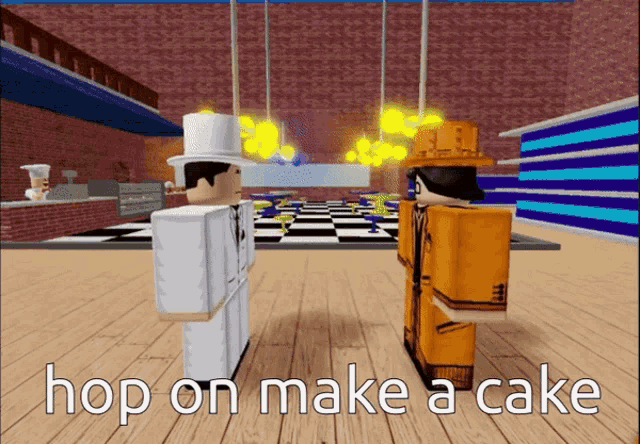 two cartoon characters are standing next to each other with the words hop on make a cake below them