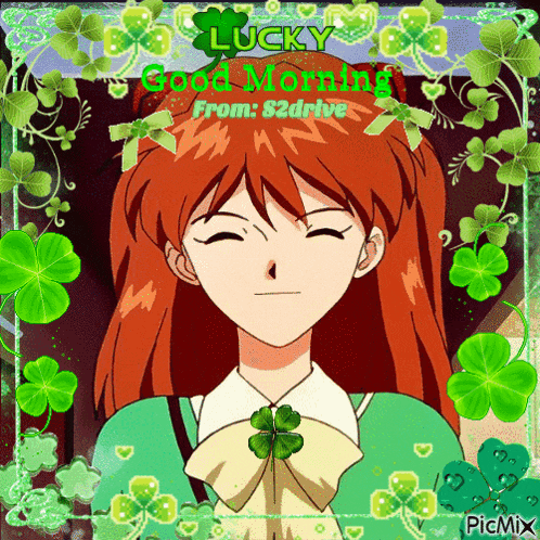 a picture of a girl with a clover around her neck and the words lucky good morning from : 82drive