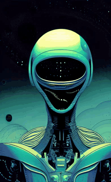 a painting of a robot with a helmet that says ' a.i.r. ' on it