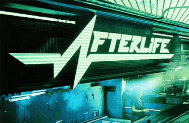 a man is standing under a sign that says " afterlife "