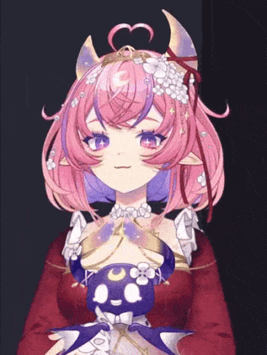 a pink haired anime girl with horns and a heart in her hair