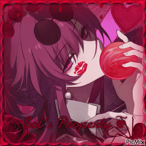 a picture of a girl with purple hair and red lips with the words sol 's property below her