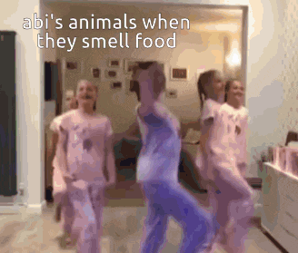 a group of children are dancing in a room with the words abi 's animals when they smell food