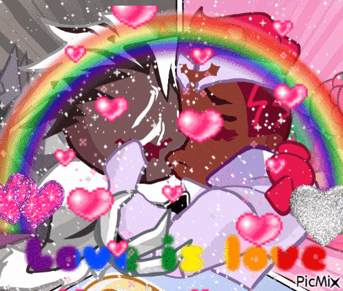 a couple kissing in front of a rainbow with the words love is love on the bottom