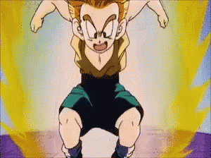 a cartoon character is jumping in the air with a yellow background