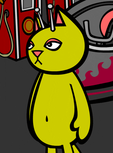 a cartoon drawing of a yellow cat with a pink nose