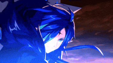 a close up of a person with blue hair and blue eyes