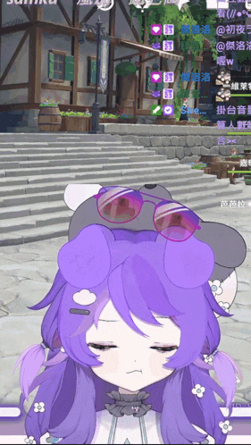 a girl with purple hair is wearing sunglasses and a hat with ears