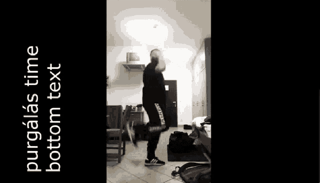 a man with a beard is dancing in a room with the words " purgas time bottom text " on the bottom
