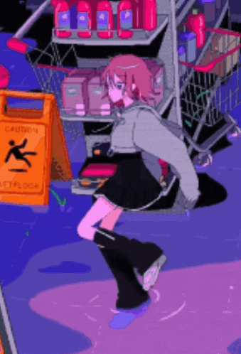 a girl is dancing in front of a caution sign