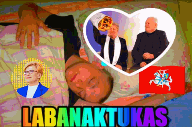 a cartoon of a man laying on a bed with a heart and the words labanaktukas