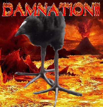 a picture of a black bird with flames behind it and the words damnation