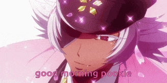 a cartoon character says good morning pookie in a pink background