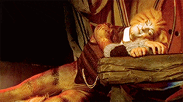 a cat is laying on a person 's lap and looking at the camera .
