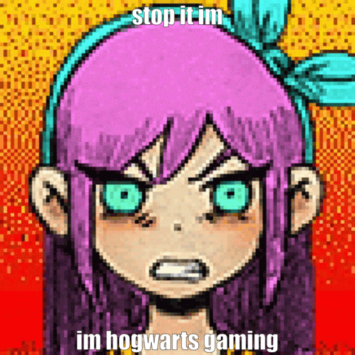 a pixel art of a girl with the words stop it im im hogwarts gaming on the bottom