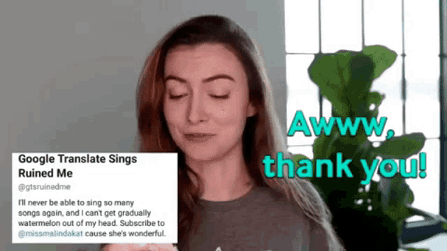 a woman is standing in front of a sign that says google translate songs ruined me