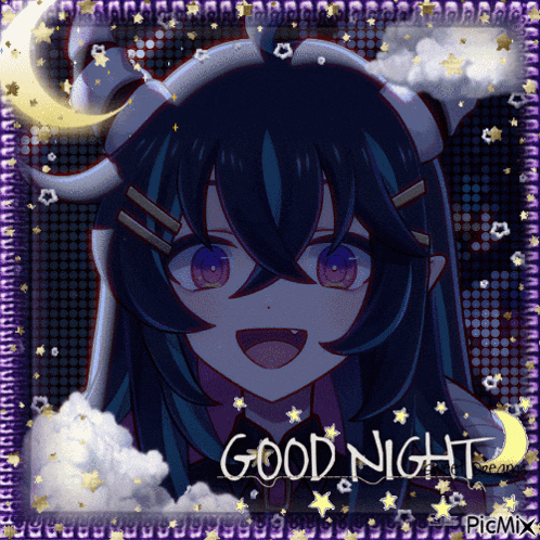a picture of a girl with horns and the words good night on it