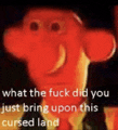 a close up of a cartoon character with the words `` what the fuck did you just bring upon this cursed land '' written on it .