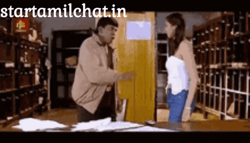 a man and a woman are standing next to each other in a room with the website starttamilchat.in written on the bottom