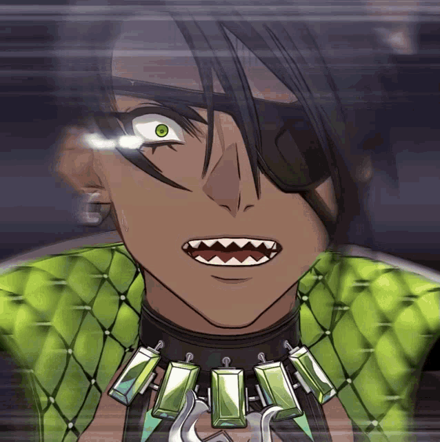 a drawing of a man with green eyes and a necklace around his neck