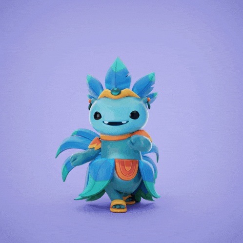a blue figurine with feathers on it 's head stands on a purple background
