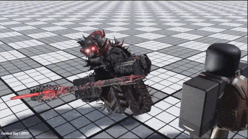 a screenshot of a video game shows a robot with red eyes and a sword