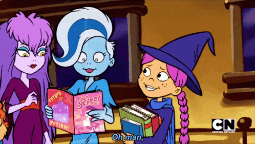 three cartoon characters are standing next to each other and one is holding a book that says potion
