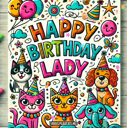 a happy birthday lady greeting card with cats and dogs
