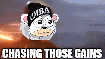 a cartoon of a bear wearing a kimba beanie says chasing those gains