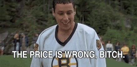 a man in a boston bruins jersey is standing on a field and says the price is wrong , bitch .