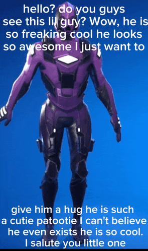 a picture of a purple robot with the words hello do you guys see this lil guy wow he is so freaking cool
