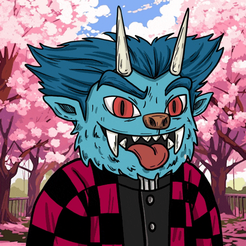 a cartoon drawing of a blue monster with horns and red eyes