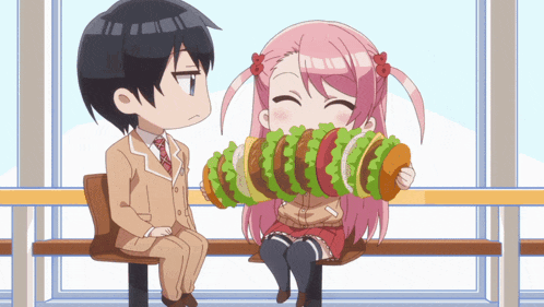 a boy and a girl are sitting on a bench with the girl eating a sandwich