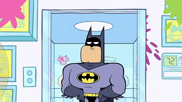 a cartoon drawing of batman standing in front of a thermostat that reads 72 degrees