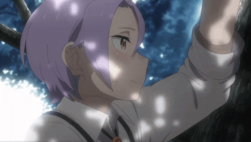 a girl with purple hair and brown eyes is standing next to a tree