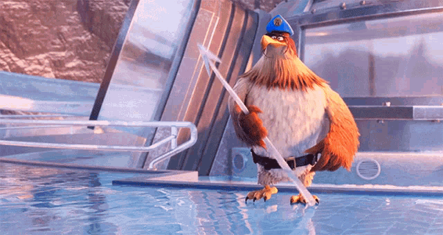 a bird in a police uniform is standing in the water